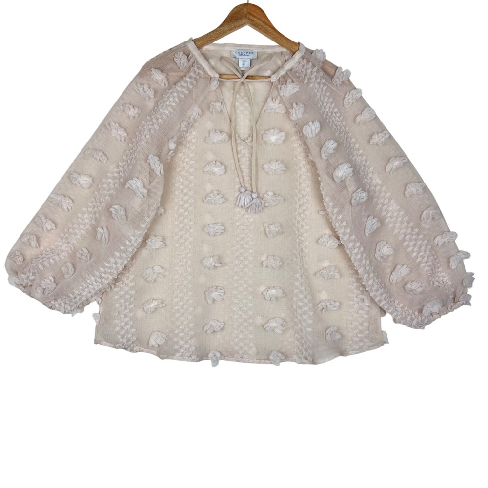Calypso St Barth Peasant Blouse Boho 3D Floral Tufted Sheer Women Large Beige